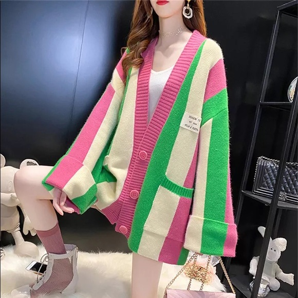 Sweaters - Stripe cardigan pink wide sleeve pocket sweater